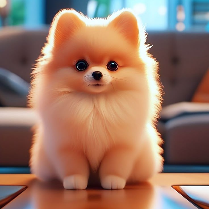 a small brown dog sitting on top of a wooden table