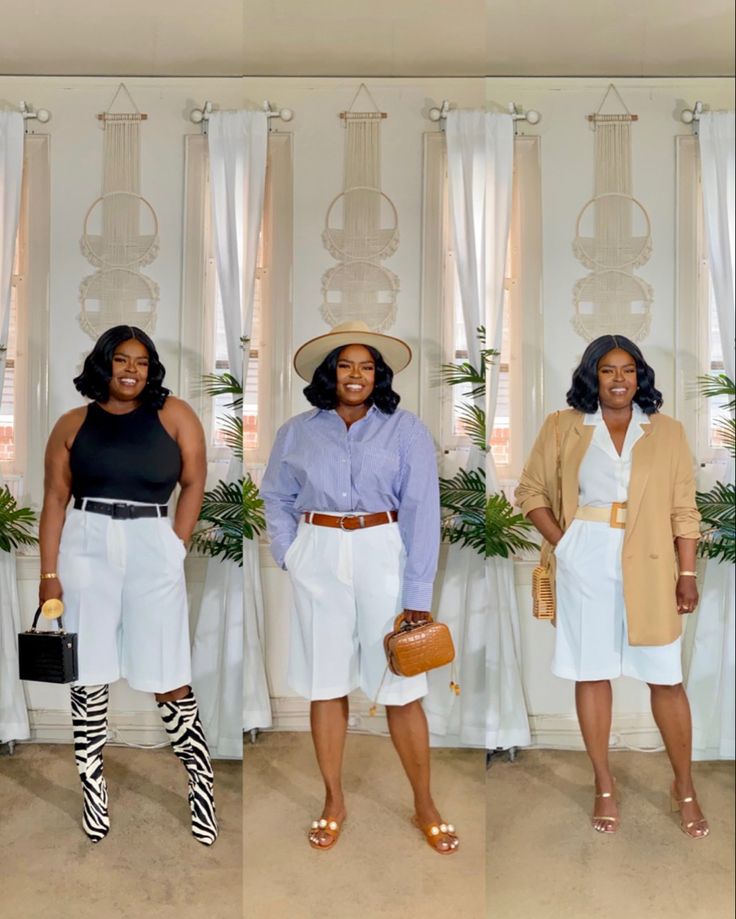 White Knee Length Shorts Outfit, How To Style Bermuda Shorts Summer, Bermuda Shorts Outfit Black Women, Bermuda Pants Outfits, White Bermuda Shorts Outfit, Bermuda Shorts Outfit Women, Ghana Outfits, How To Style Bermuda Shorts, Bermuda Shorts Outfits