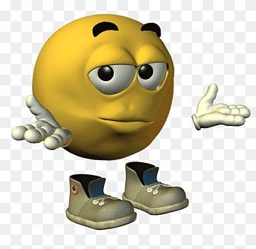 an emoticive smiley face with two hands and one foot in the air, wearing rubber shoes