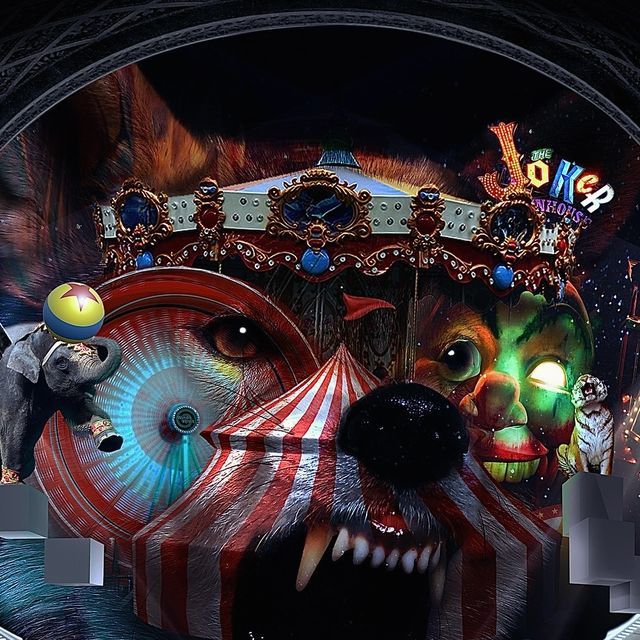 an image of a circus scene with clowns and animals in the background, as well as a dog's face