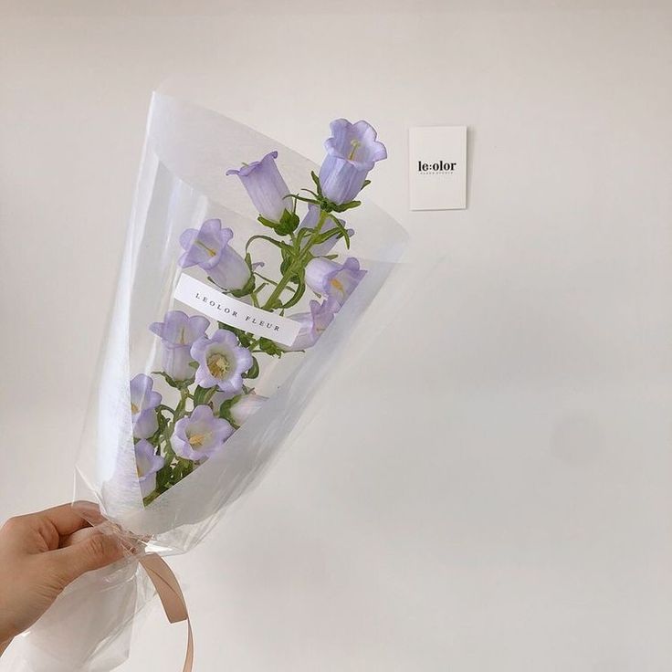 a person holding a bouquet of flowers wrapped in cellophane with a tag on it