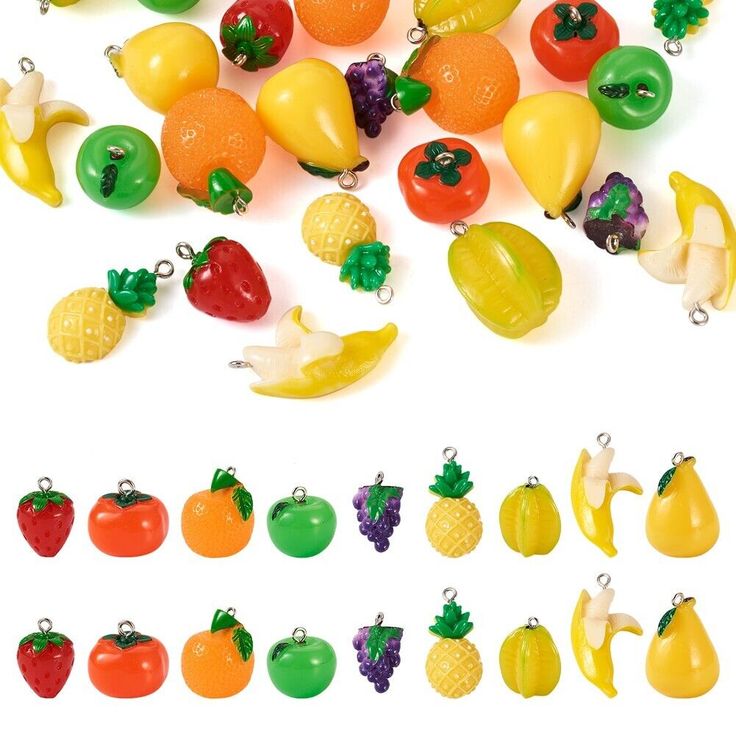 many different fruits and vegetables are shown on a white background, including oranges, yellows, and green peppers