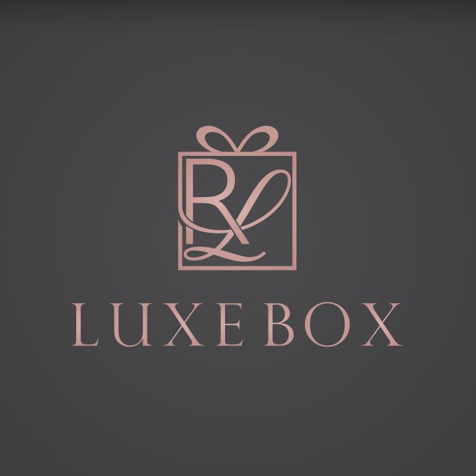 a logo for a luxury gift box with the letter r in gold and pink on a black background