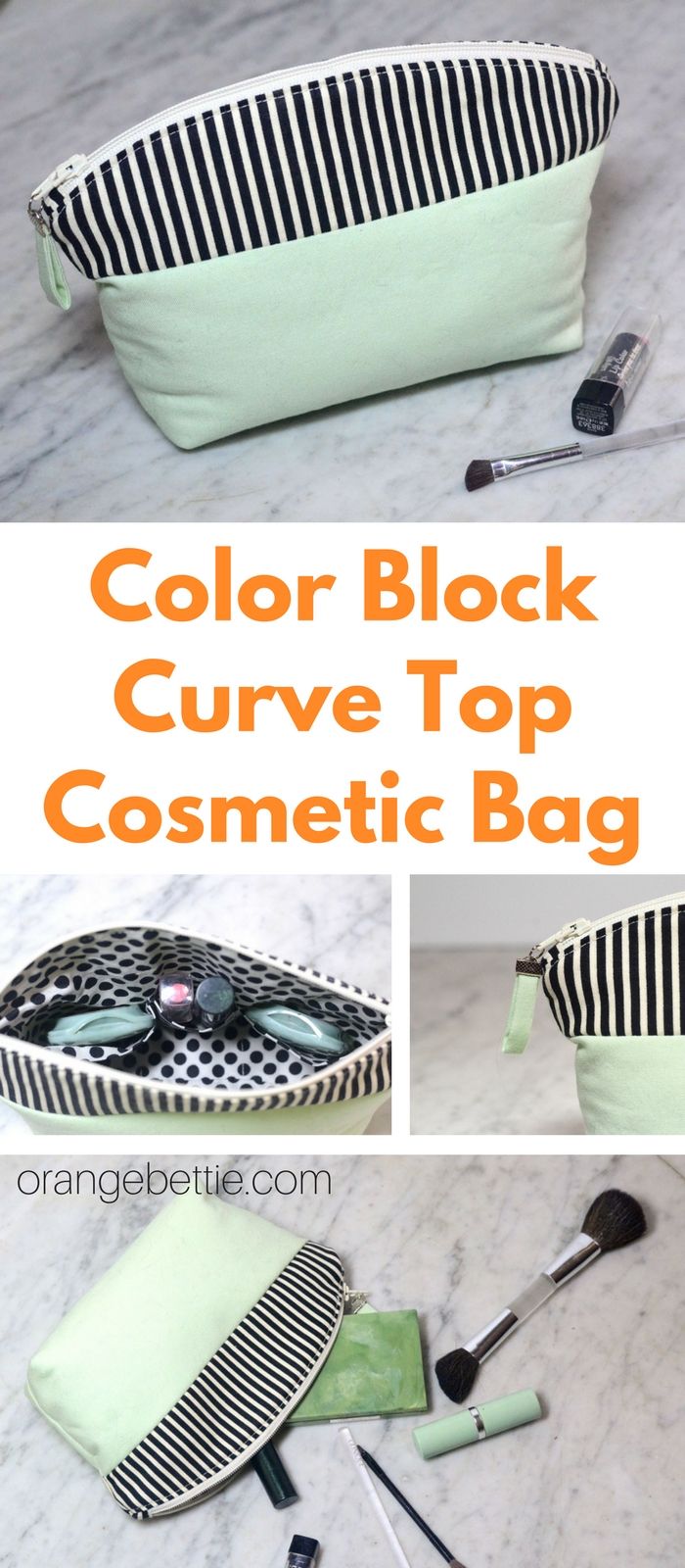 the color block curve top cosmetic bag is on display