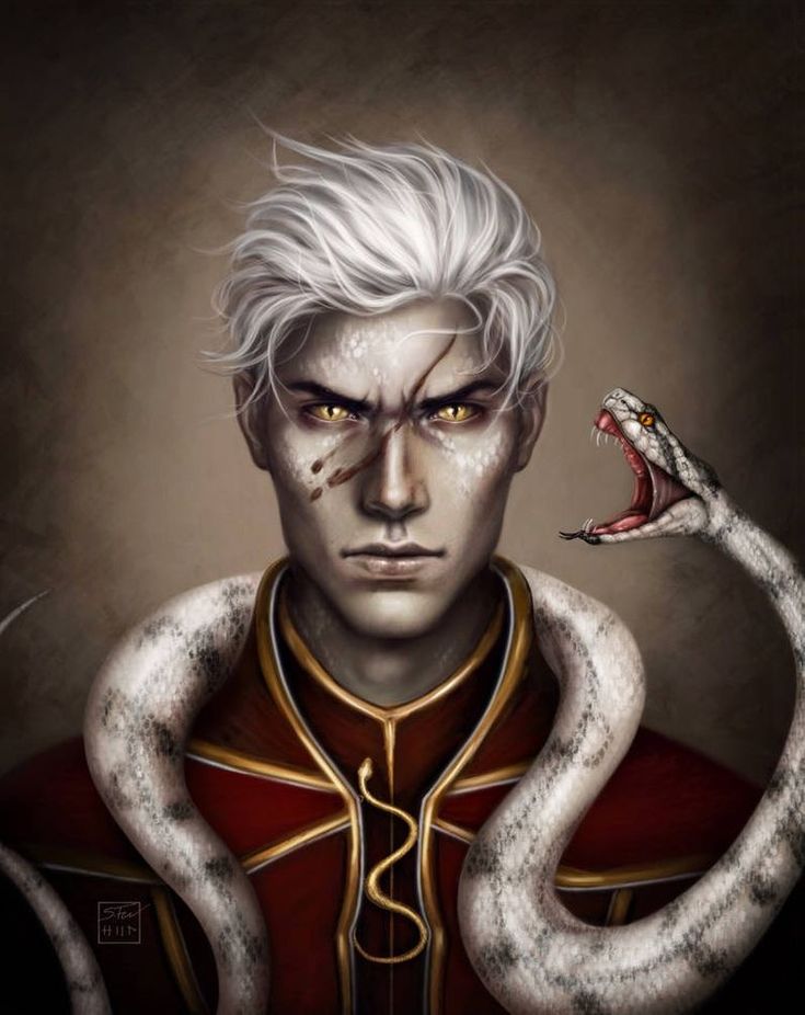 a painting of a man with white hair holding a snake in his right hand and an evil look on his face