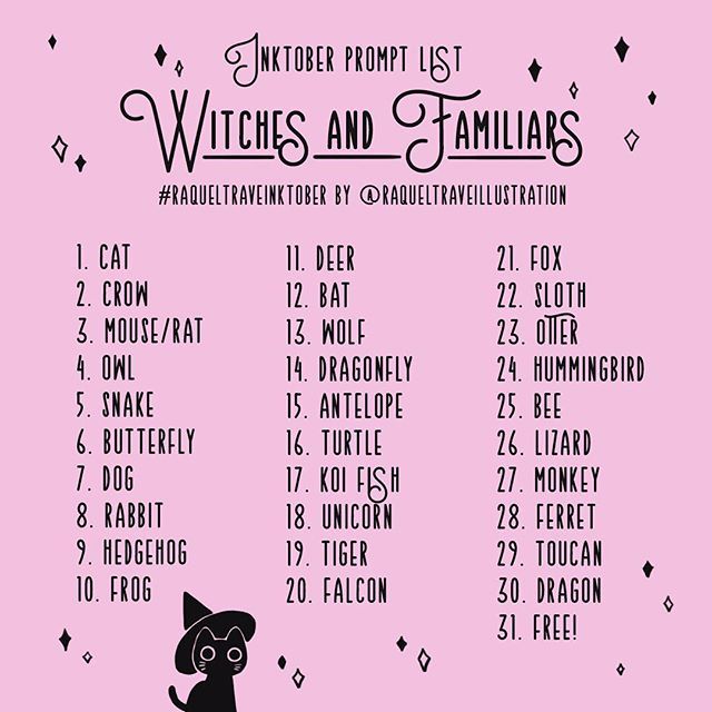 a black cat sitting on top of a table next to a pink background with the words witches and familiars