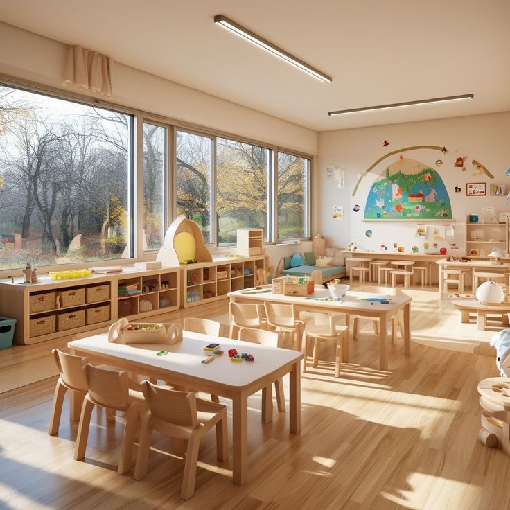 a classroom with wooden tables and chairs in front of large windows that look out onto the woods