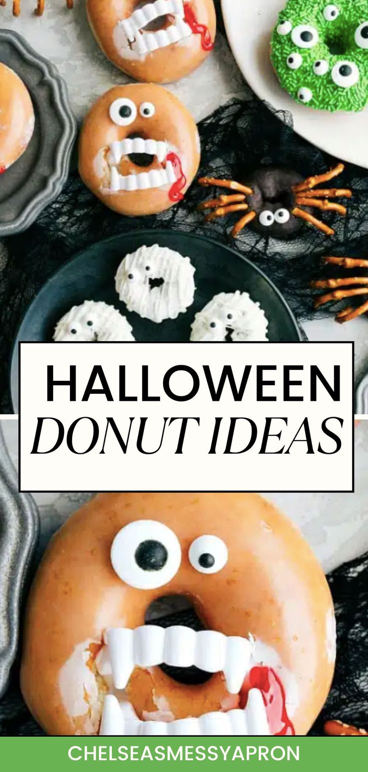 halloween donuts with fake eyes and mouths are on display in front of the words, halloween donut ideas