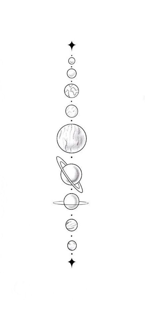 a line drawing of planets and stars in the sky, with one being drawn by hand