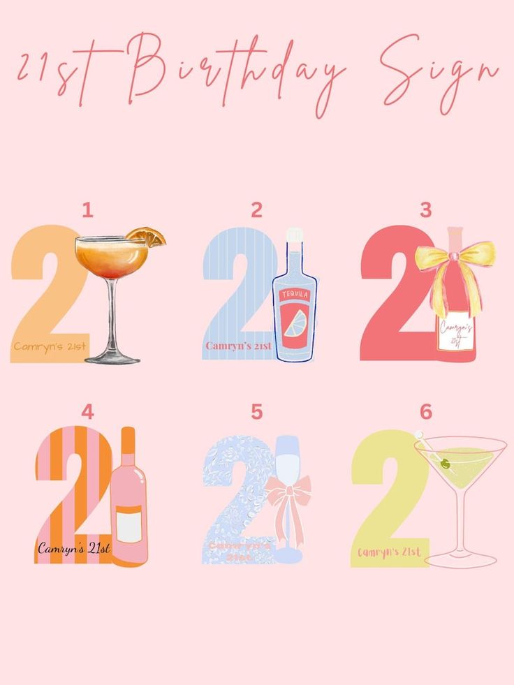 a pink birthday card with the number twenty and two different types of drinks on it