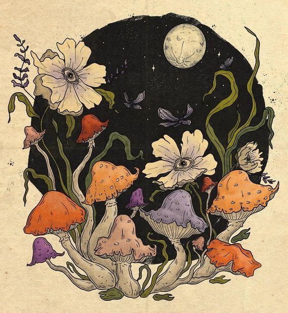 an illustration of mushrooms and flowers in front of a full moon