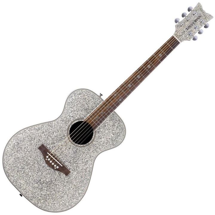 an acoustic guitar with silver glitter on it's body and neck, against a white background