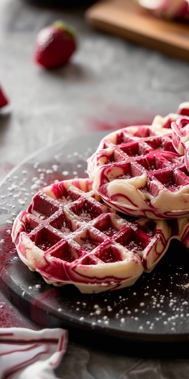 two waffles on a plate covered in red and white icing next to strawberries