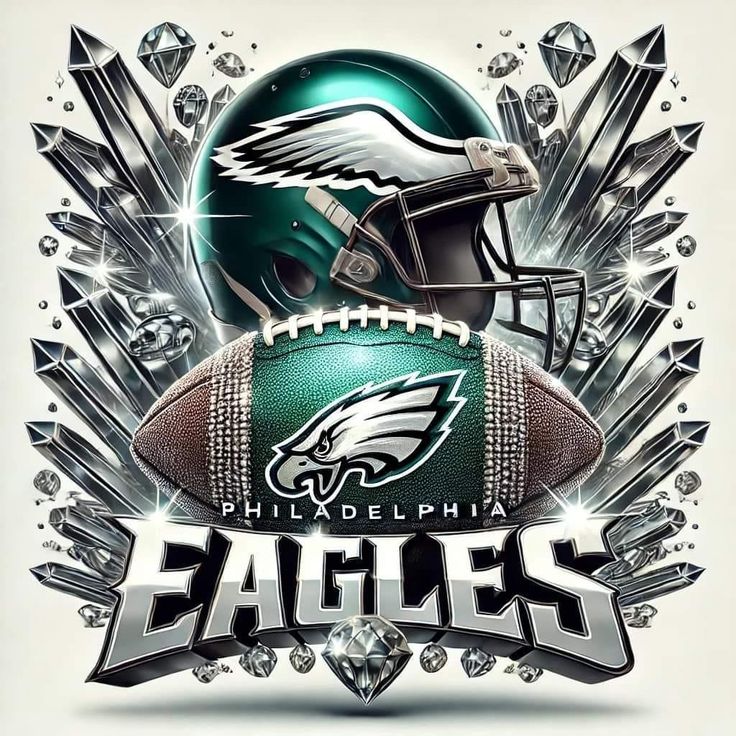 the philadelphia eagles football team is depicted in this graphic art style poster, featuring an american football helmet and diamonds