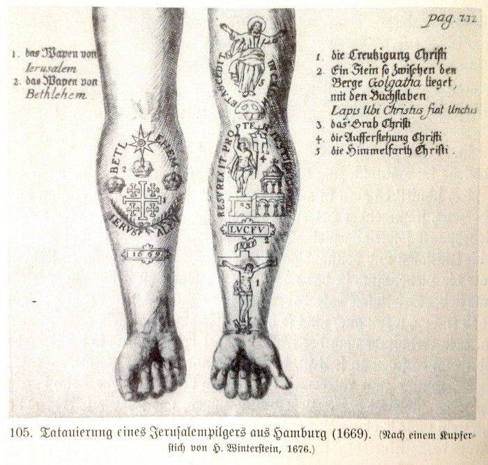 an old book with some tattoos on it's arms and legs, in front of a white background