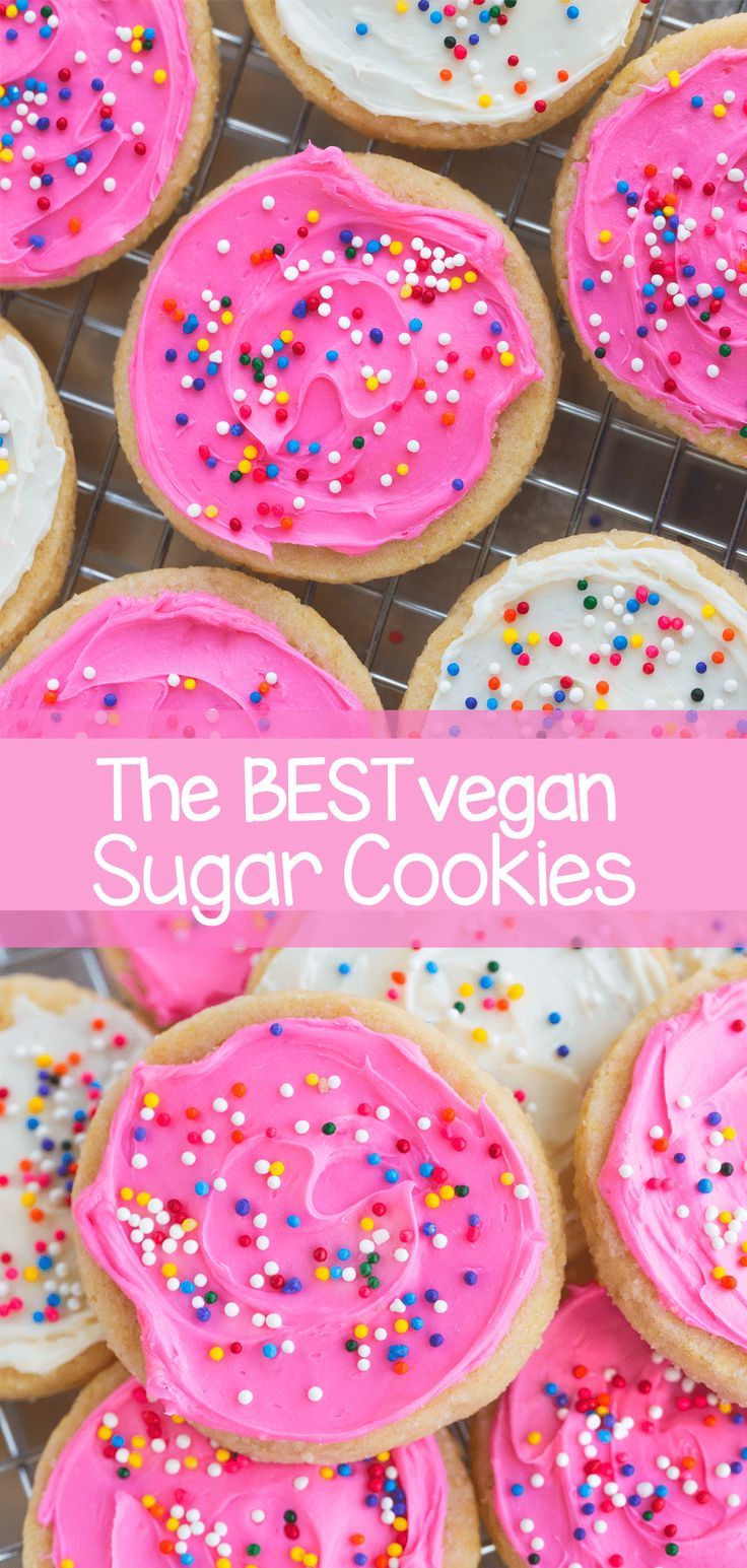 the best vegan sugar cookies with pink frosting and sprinkles