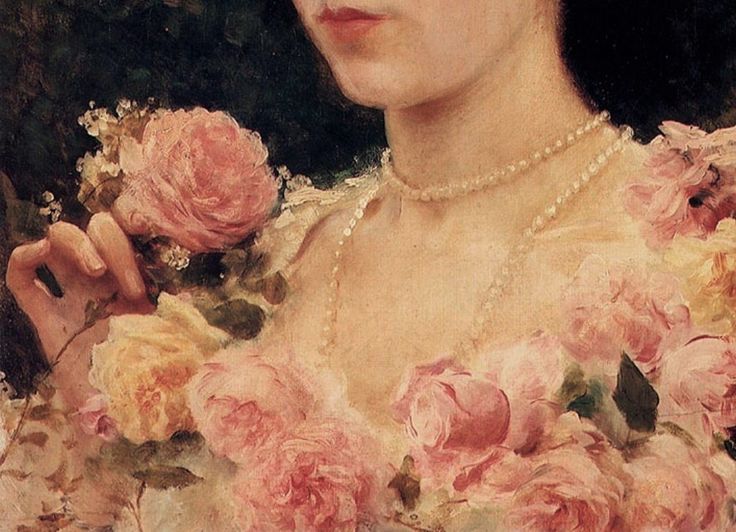 a painting of a woman with flowers in her hair and pearls around her neck, holding a bouquet of pink roses