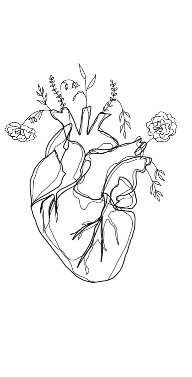 a black and white drawing of a heart with flowers