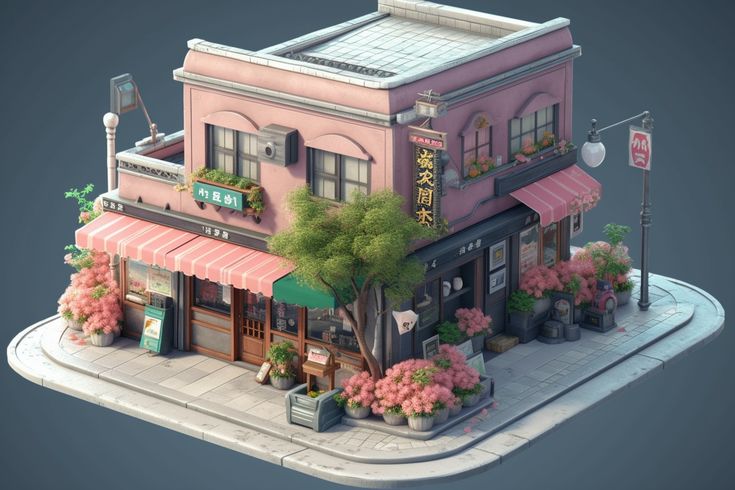 a low poly model of a building with trees and flowers on the street corner,