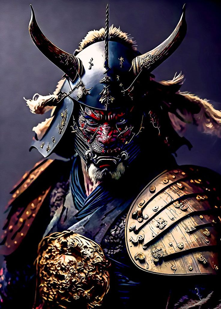 a man dressed in armor with horns on his head