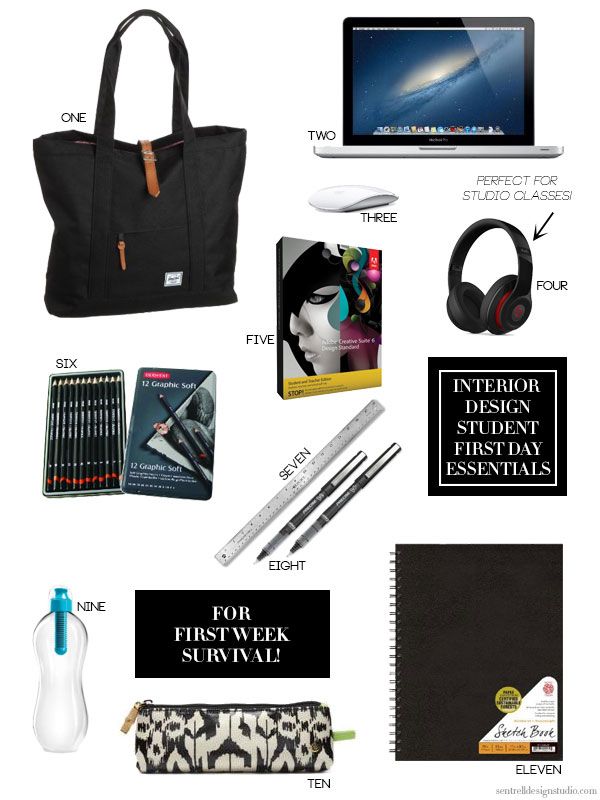 the contents of a black and white bag are shown with headphones, notebooks, books, pencils, an ipod