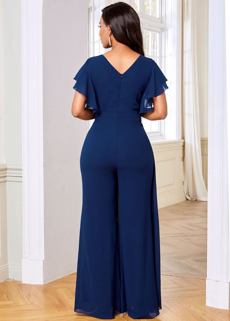 ROTITA Ruffle Sleeve V Neck Chiffon Overlay Jumpsuit #ems #emergency #bomberos mother day, mother gifts, son and mothers Como Fazer Short, Chiffon Jumpsuit, Rompers Online, Loose Clothing, Fashion Dresses Online, Chiffon Overlay, Ruffles Fashion, Sleeve Pattern, Loose Outfit