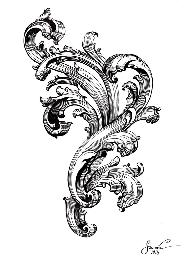 an ornate design in black and white with swirls on the top, as well as waves