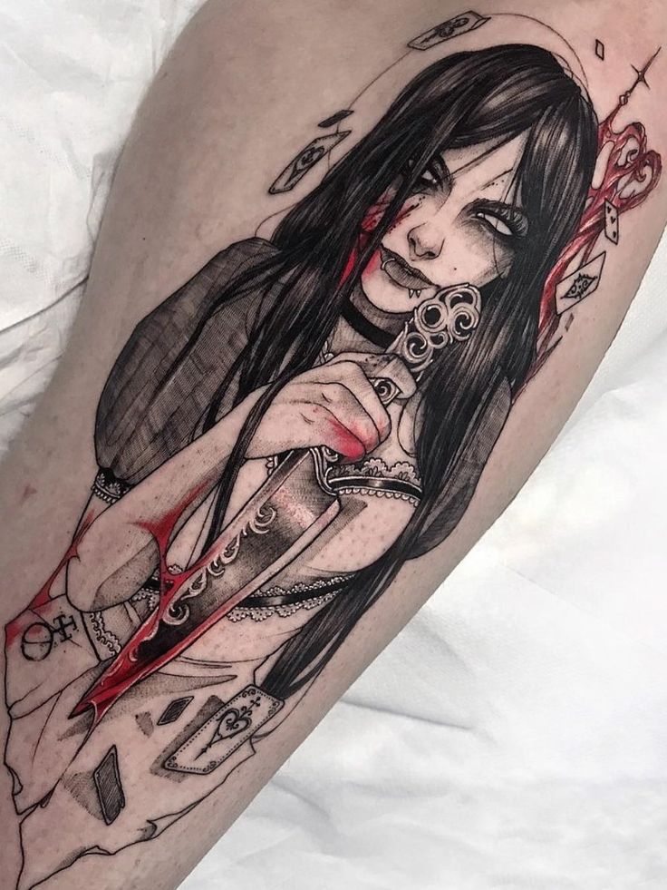 a woman with scissors and blood on her leg is shown in this tattoo art piece