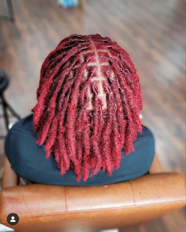 Maroon Dreadlocks Black Women, Dyed Dreads Women, Winter Loc Colors, Red Short Locs, Burgundy Dreads Black Women, Red Locs Black Women Dark Skin, Burgandy Locs On Black Women, Red Locs Men, Fall Color Locs Black Women