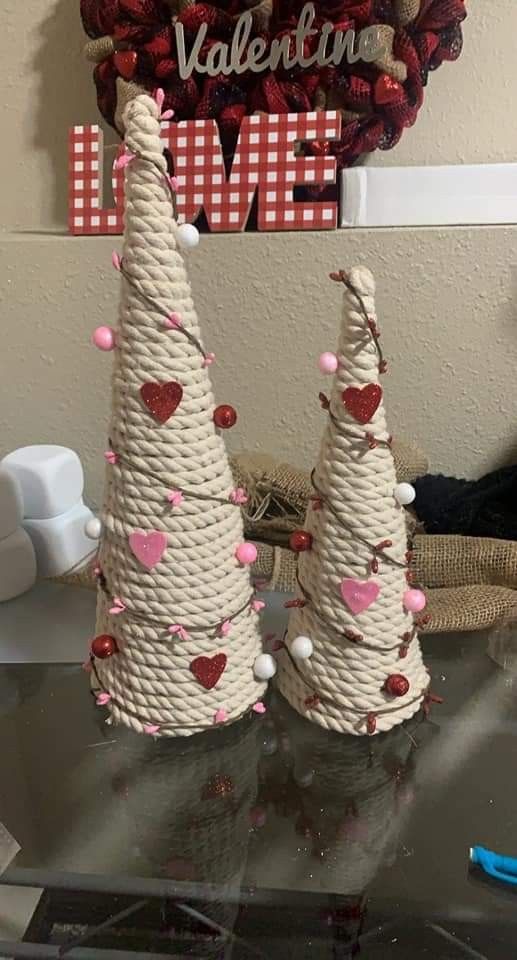 two valentine's day decorations made out of rope