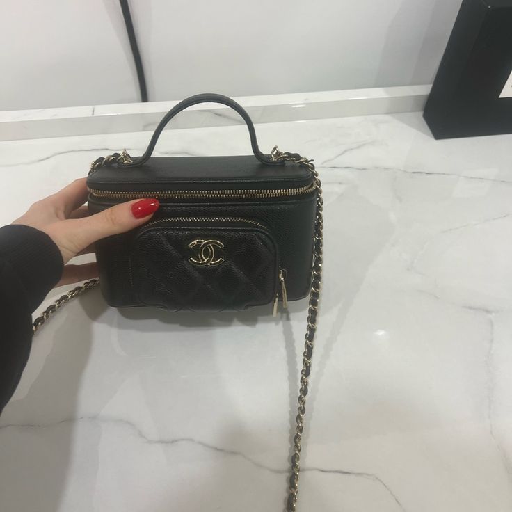 Chanel Pocket Vanity Bag In Caviar Leather. This Bag Is Extremely Hard To Get. Still In Great Shape And Is Adorable ! Chanel Vanity Case With Chain, Chanel Wallet On Chain Caviar, Vanity Bag, Chanel Bag, Vanity, Bag Lady, Chanel, Leather, Black