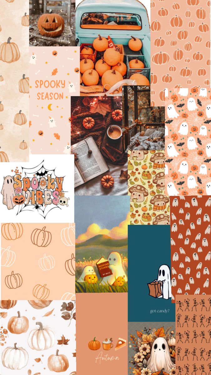 a collage with pumpkins, ghost and other halloween related items in orange tones