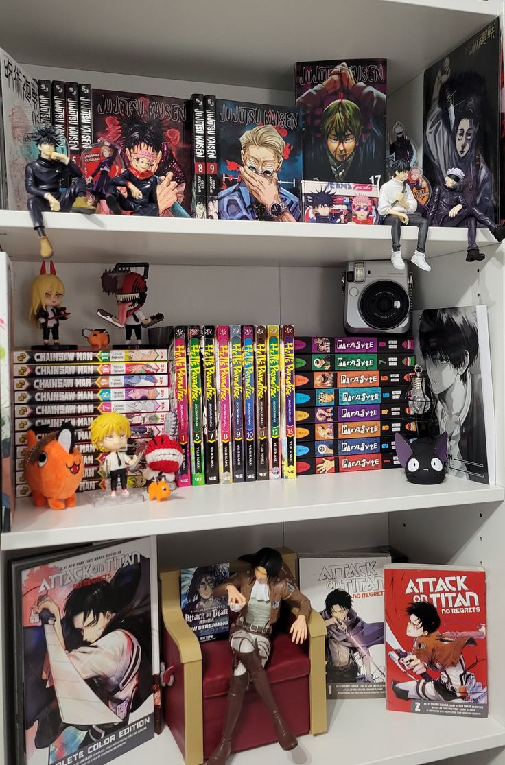 the shelves are filled with anime books and toys