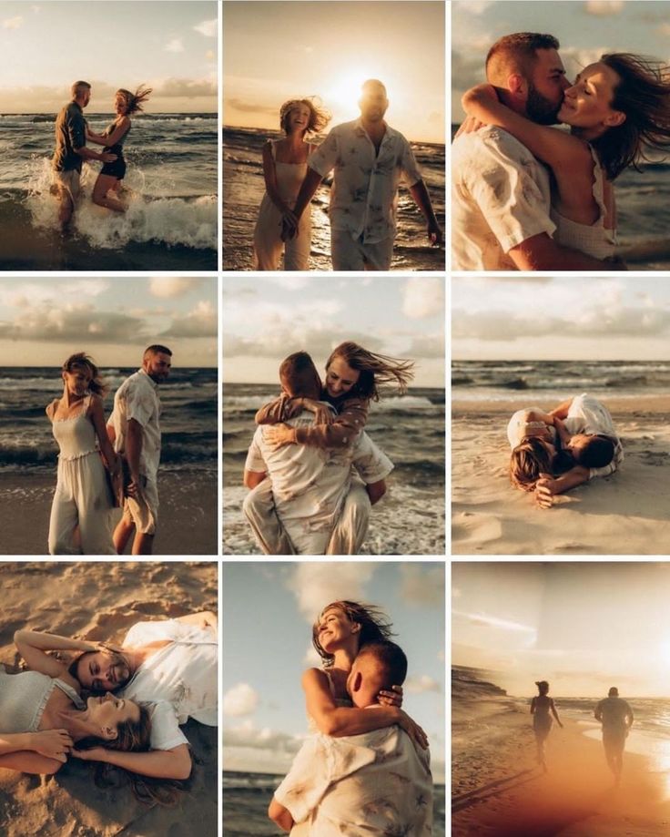 a collage of people hugging on the beach