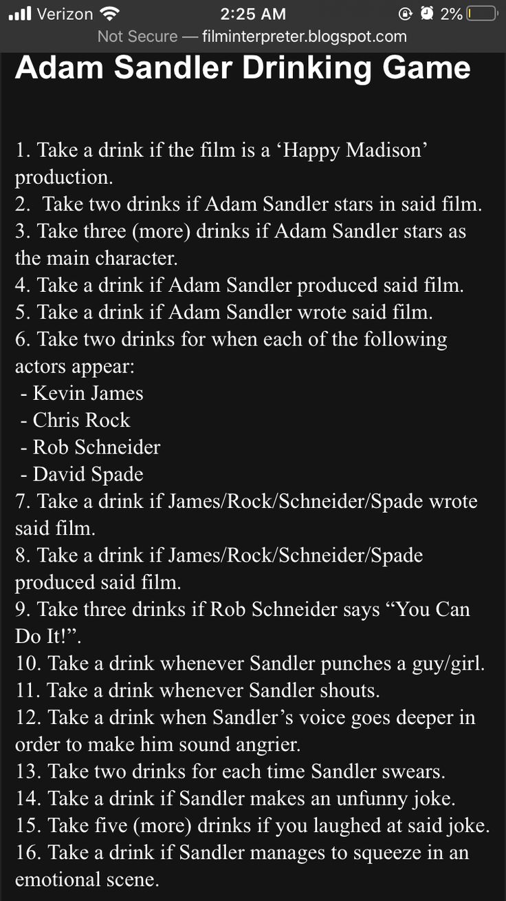 the menu for adam sandler drinking game