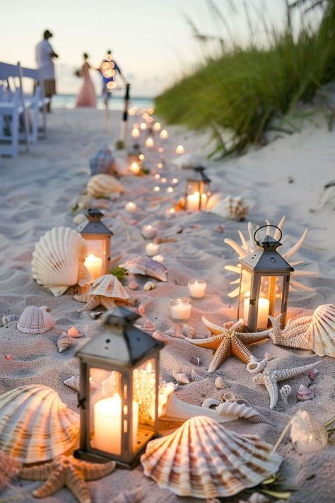 candles and seashells are lined up on the beach