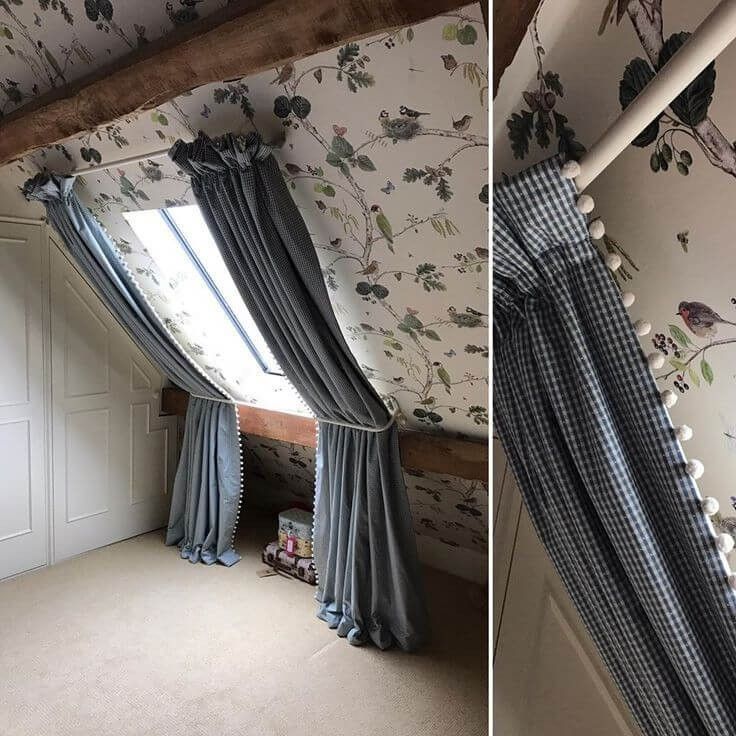 two pictures of the same room, one with curtains and the other with floral wallpaper