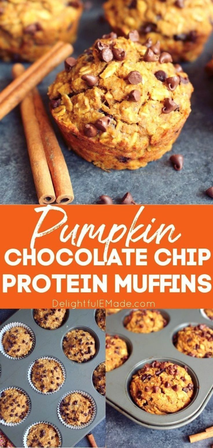 pumpkin chocolate chip protein muffins in a muffin tin with cinnamon sticks on the side