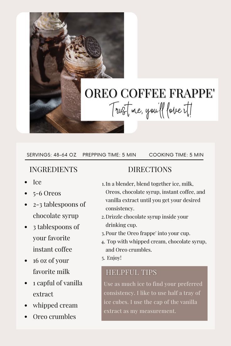 the recipe for coffee frappe is shown in white and brown colors, with an image of