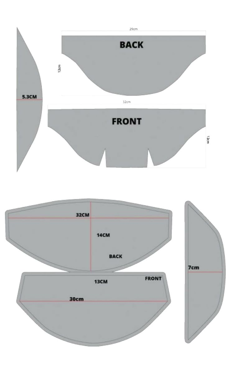 the front and back sides of a boat, with measurements for each piece on it