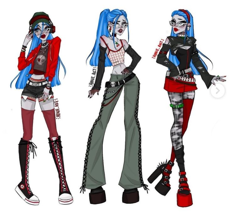 three cartoon characters dressed in punk clothing