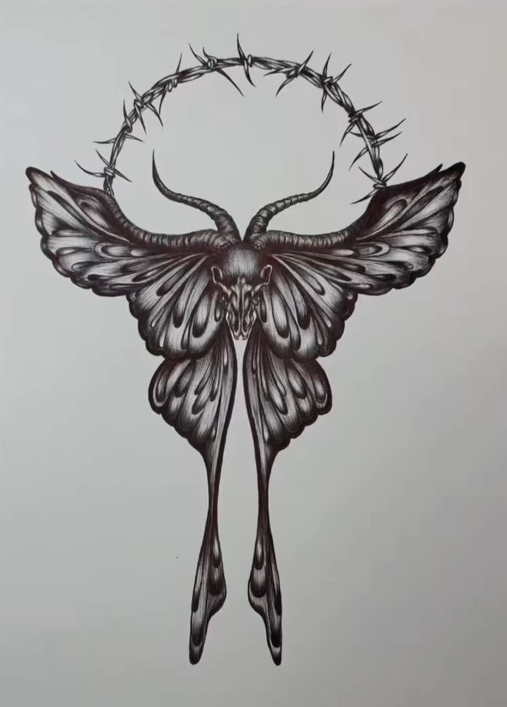 a drawing of a butterfly with barbed wire around it's neck and wings on its back