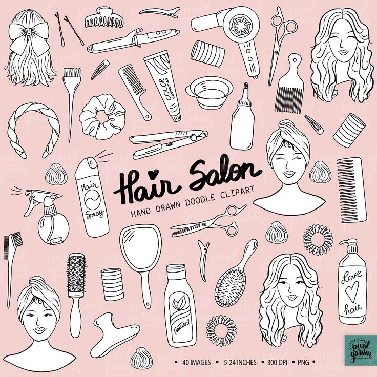 the hair salon doodle clipart is shown in black and white on a pink background