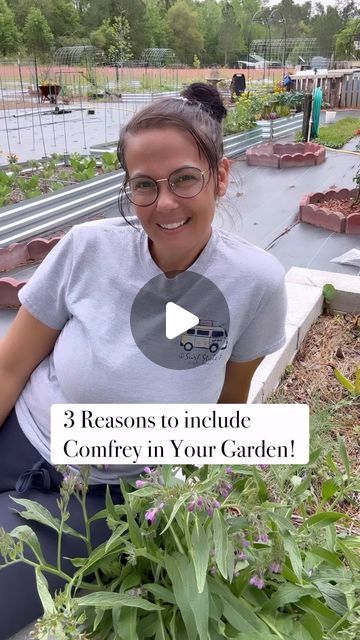 a woman sitting on the ground in front of some plants with words that read 3 reasons to include confery in your garden