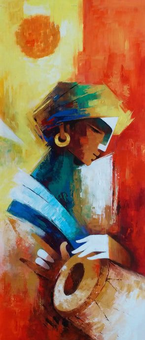 a painting of a woman holding a drum