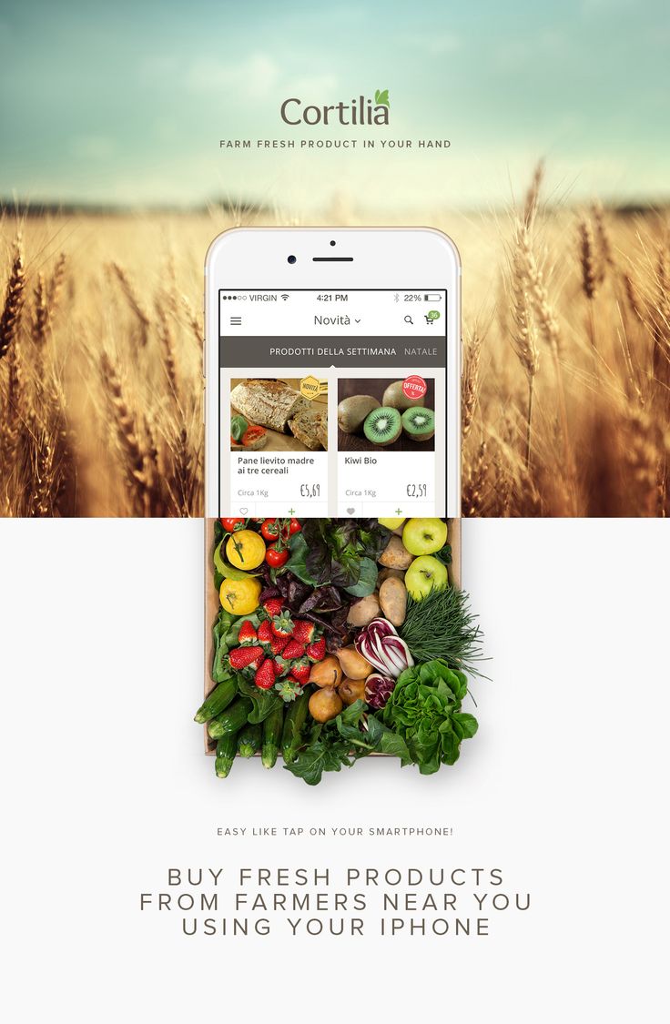 the app is displaying fresh fruits and vegetables in front of an image of wheat fields