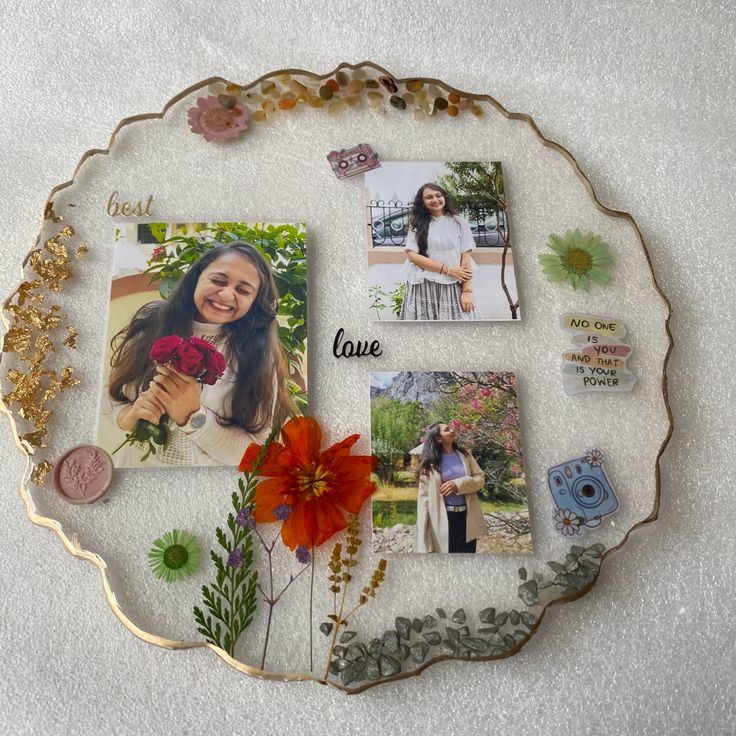 a photo collage with flowers and pictures on the side is displayed in an ornate metal frame