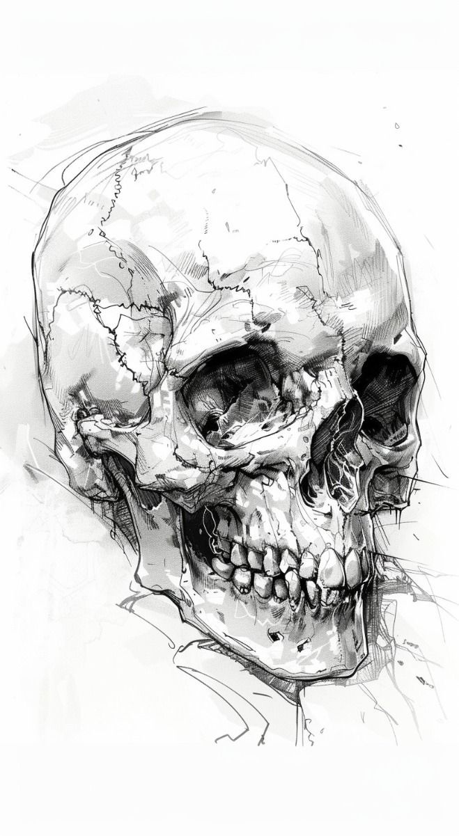 a black and white drawing of a skull