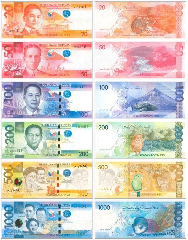 an image of different bills with the names of each countries on them, all in different colors