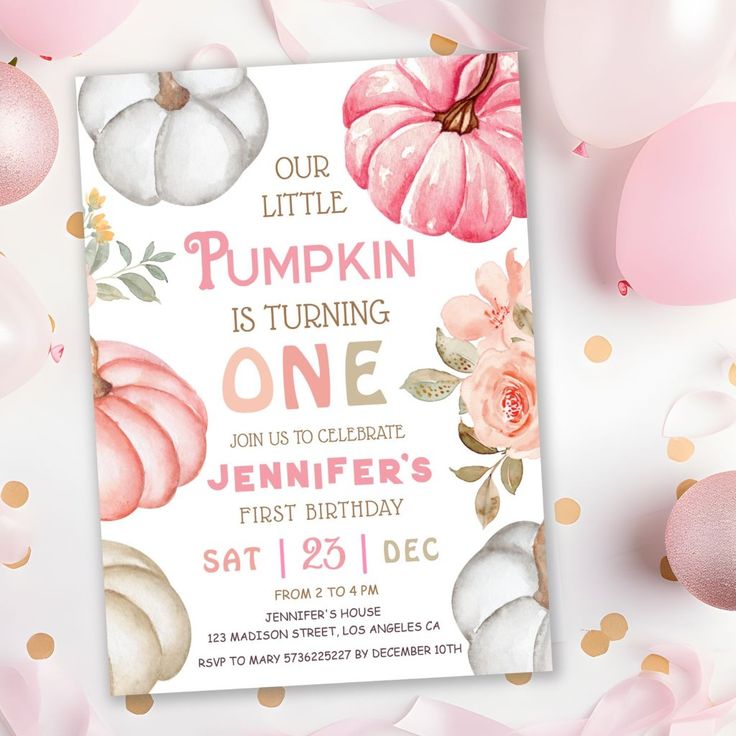 a pink and white birthday party with balloons, confetti and paper pumpkins